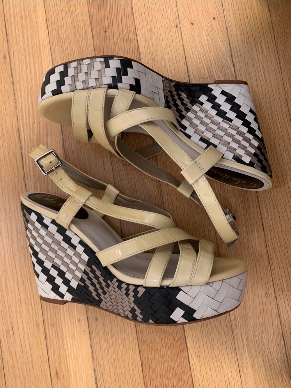 EUC Cole Haan Multi Black/White Woven Hi Wedge Platform Yellow Sandals Size 8.5M - Picture 5 of 14